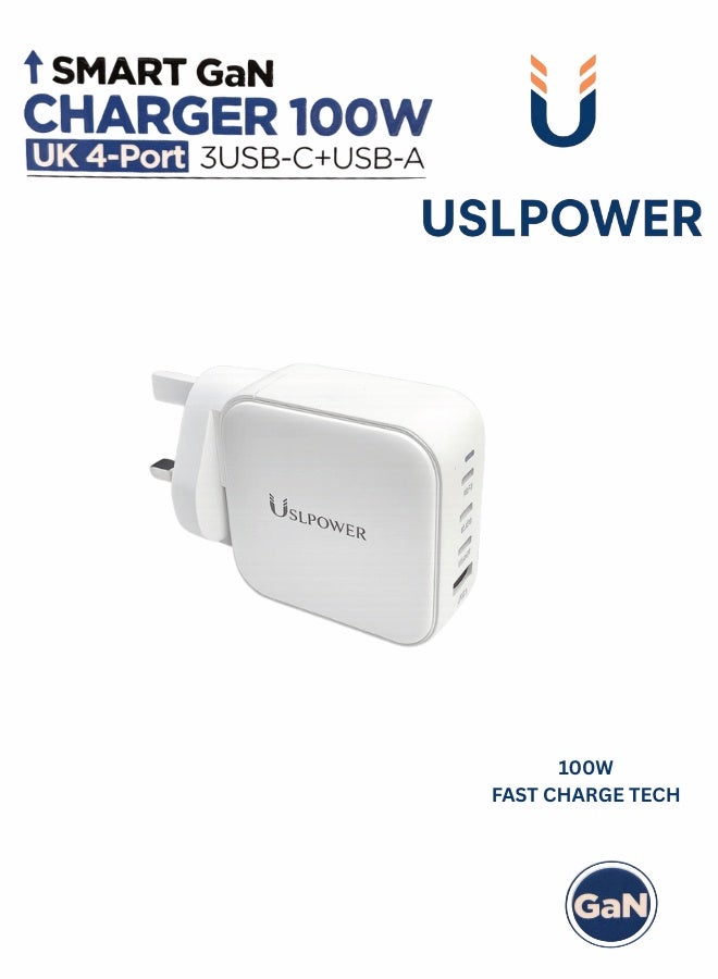 USLPOWER 100W GaN Power Adapter, 4-Port USB-C & USB-A PD Fast Charger, UK Plug Wall Charger for MacBook Pro/Air, iPhone 16/15, iPad, Samsung Galaxy, Laptops & Tablets - Image 2